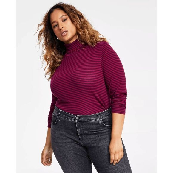 Levi's Women's Moon Plus Size Rib Turtleneck Top - Monday Stripe Beet Red 1X - Picture 1 of 6